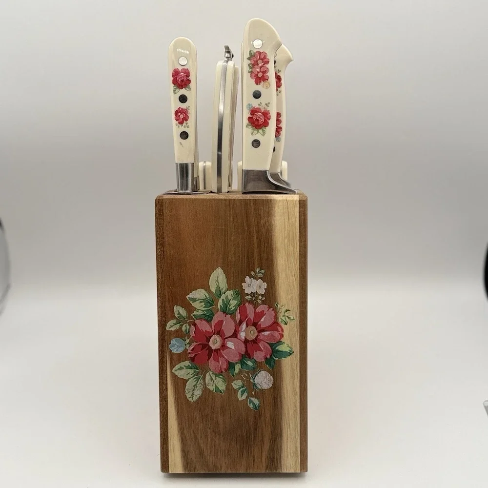 Vtg Pioneer Woman Floral 14-Piece Cutlery Kitchen Set Wood Block Retired #5617